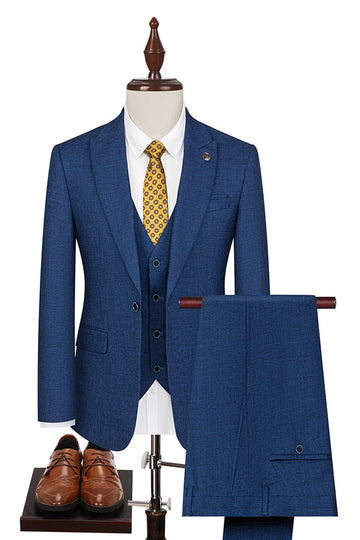 Peacock Blue Peak Lapel One Button 3 Piece Men's Suits